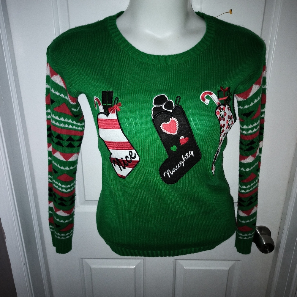 With Love Derek Christmas sweater Naughty & Nice Stockings Sz M